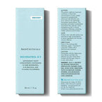 SkinCeuticals Resveratrol B E skincare product packaging with text on a white background